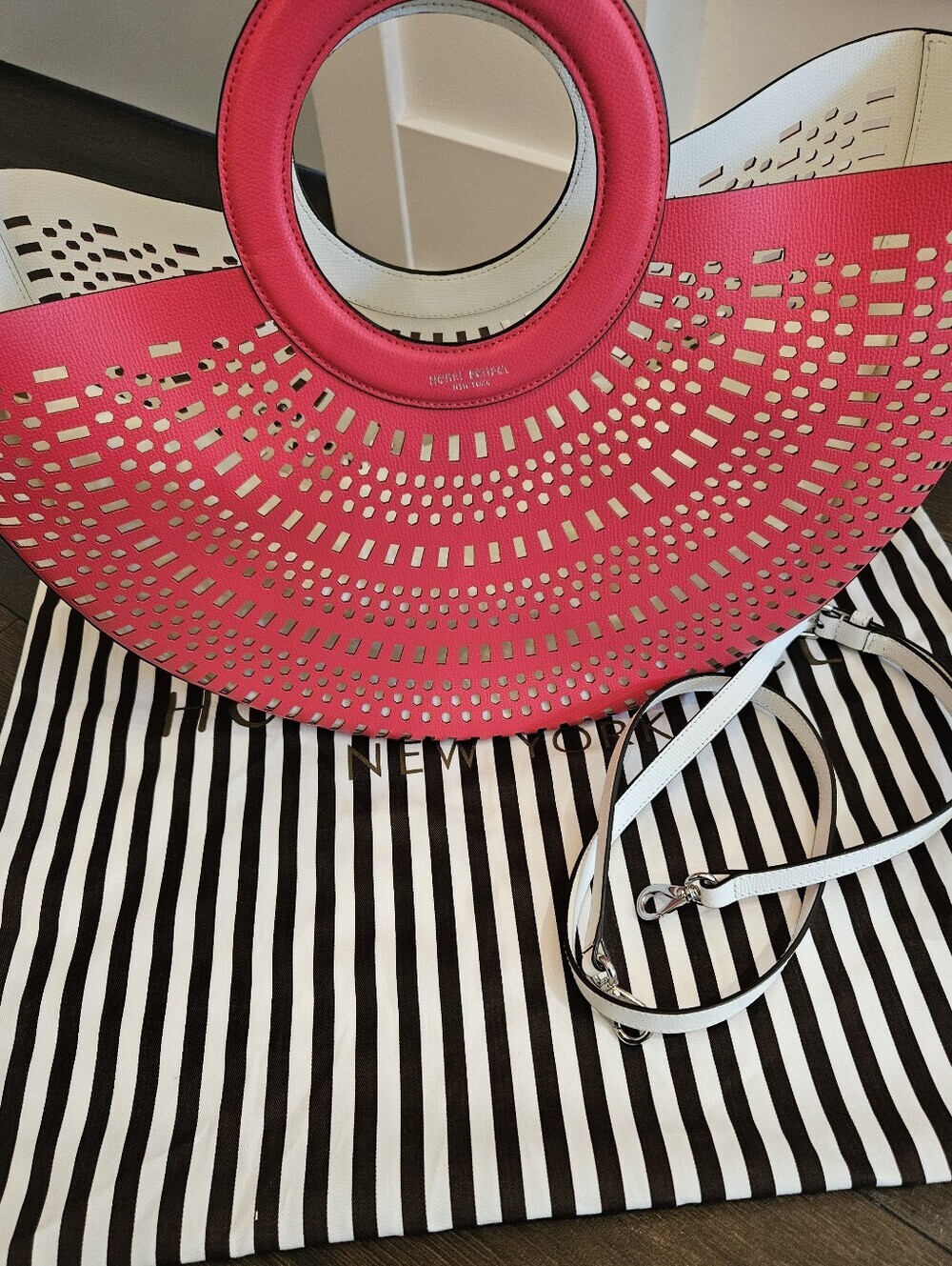 Henri Bendel West 57th Half Circle Perforated Pink, Orange & White Leather Tote